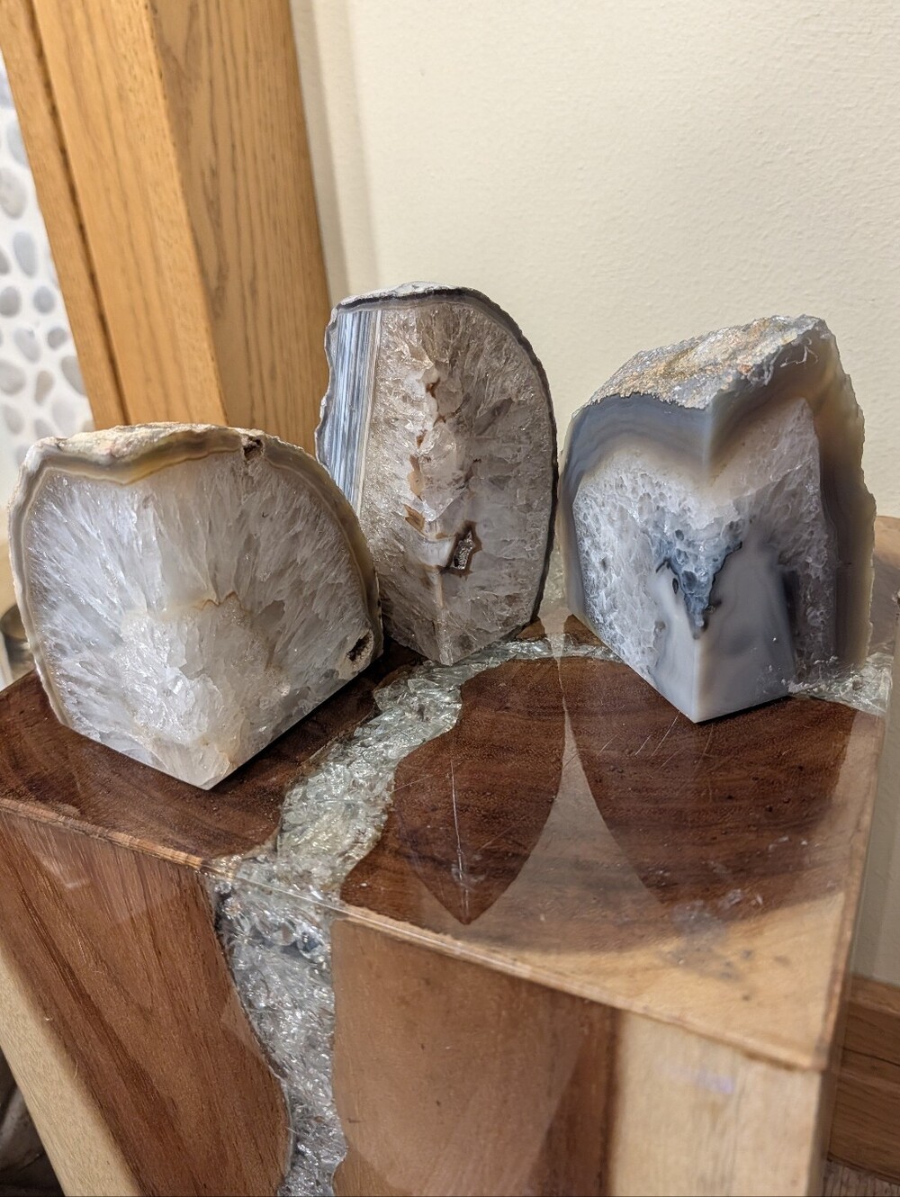 Agate Geode Polished Sections 3pc Set in Natural Shades of Greys & Golds - Picture 3 of 13